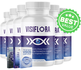 VisiFlora vision supplement bottles displayed in group with best value badge