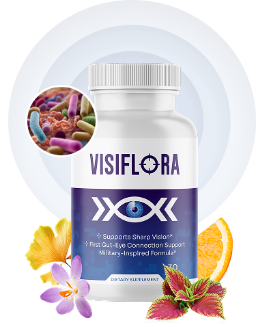 VisiFlora supplement bottle with eye support formula, surrounded by citrus, flowers, and bacteria microbes illustration